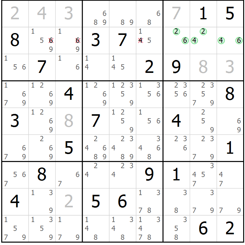 Position des candidats pour la solution de la Gr 73 page 76 du magazine de sudoku Maestro n° 104