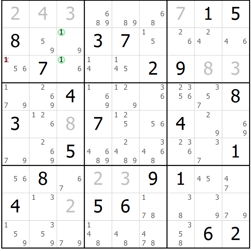 Position des candidats pour la solution de la Gr 73 page 76 du magazine de sudoku Maestro n° 104