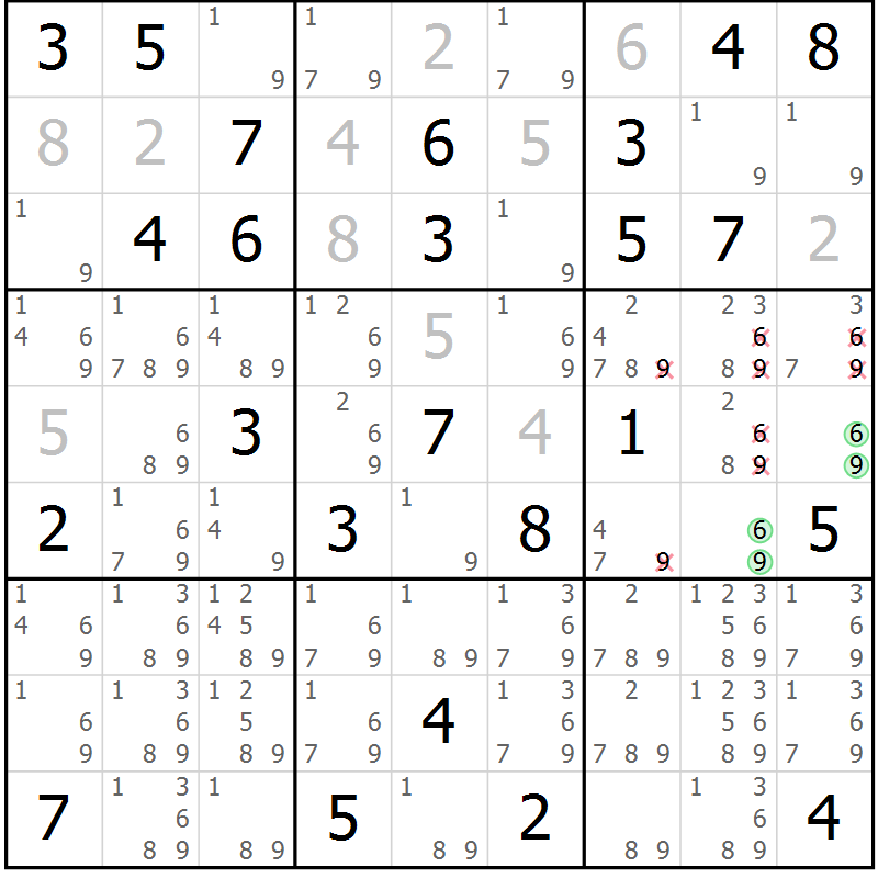 Position des candidats pour la solution de la Gr 74 page 77 du magazine de sudoku Maestro n° 104