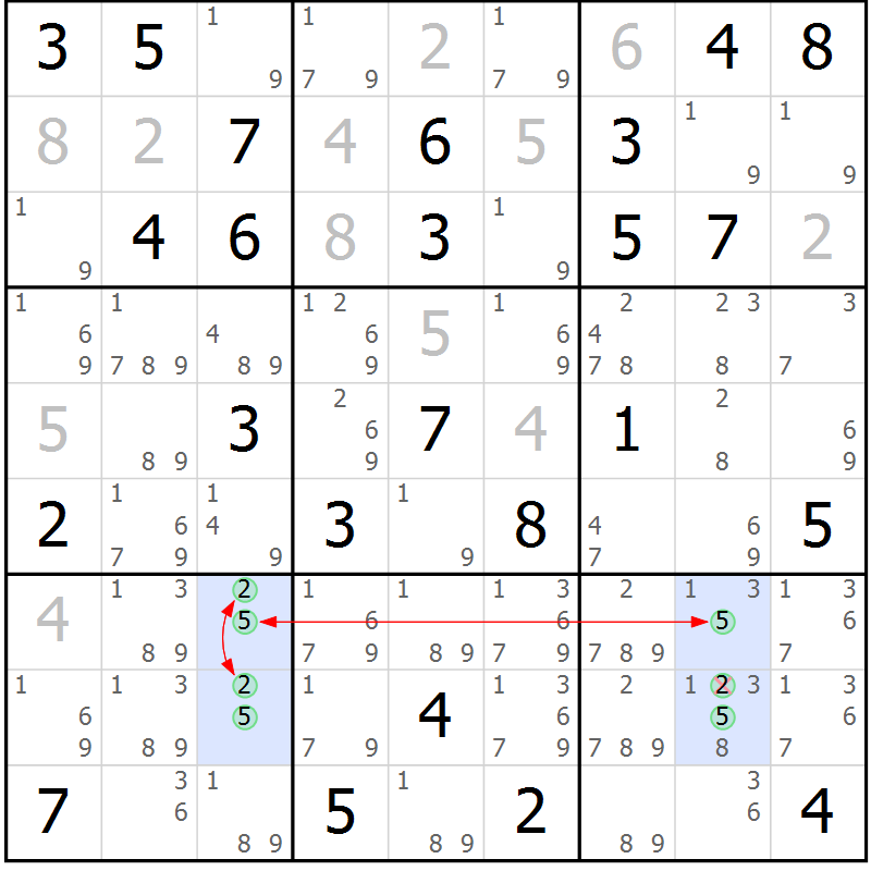 Position des candidats pour la solution de la Gr 74 page 77 du magazine de sudoku Maestro n° 104