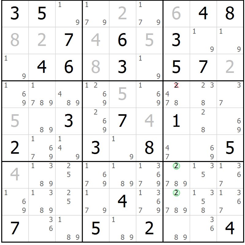 Position des candidats pour la solution de la Gr 74 page 77 du magazine de sudoku Maestro n° 104