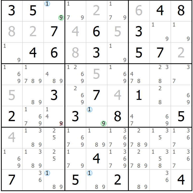 Position des candidats pour la solution de la Gr 74 page 77 du magazine de sudoku Maestro n° 104