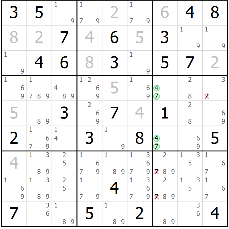 Position des candidats pour la solution de la Gr 74 page 77 du magazine de sudoku Maestro n° 104