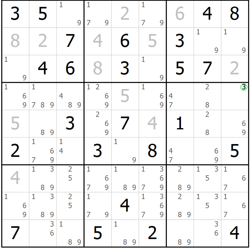 Position des candidats pour la solution de la Gr 74 page 77 du magazine de sudoku Maestro n° 104