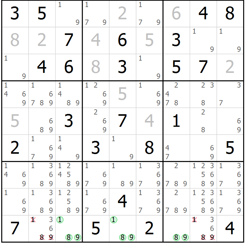 Position des candidats pour la solution de la Gr 74 page 77 du magazine de sudoku Maestro n° 104