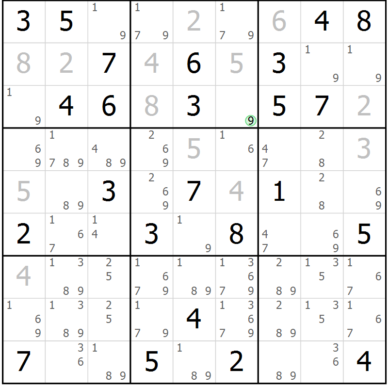 Position des candidats pour la solution de la Gr 74 page 77 du magazine de sudoku Maestro n° 104