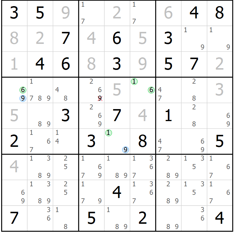 Position des candidats pour la solution de la Gr 74 page 77 du magazine de sudoku Maestro n° 104