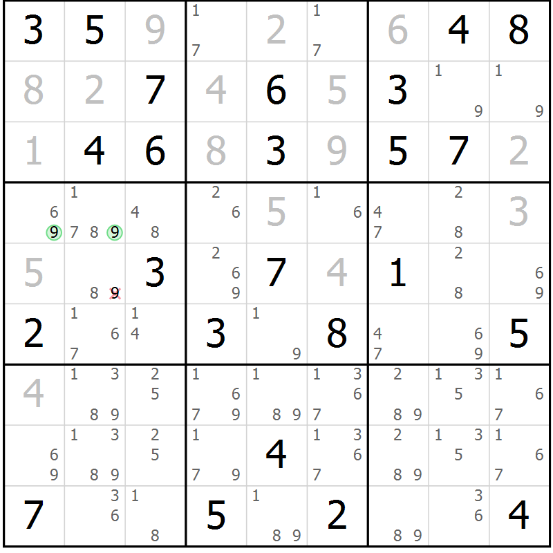 Position des candidats pour la solution de la Gr 74 page 77 du magazine de sudoku Maestro n° 104