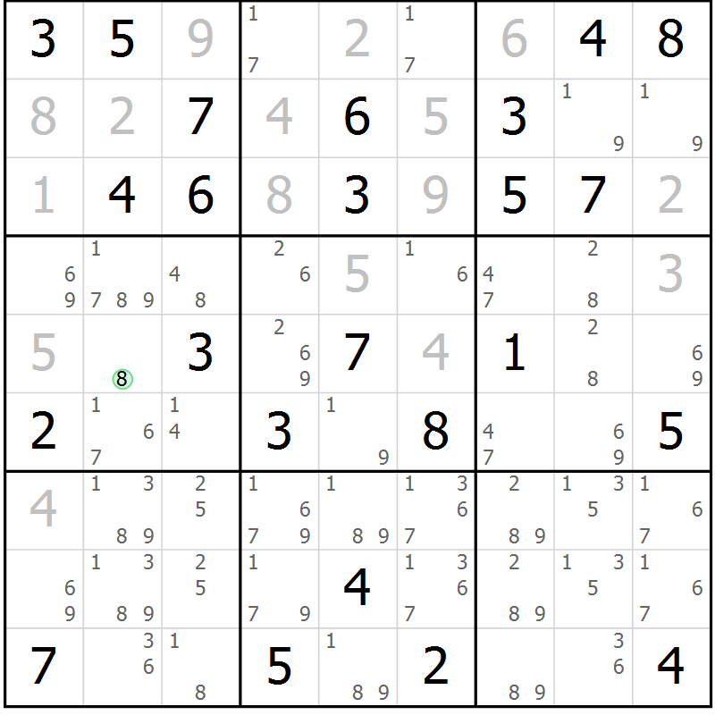 Position des candidats pour la solution de la Gr 74 page 77 du magazine de sudoku Maestro n° 104