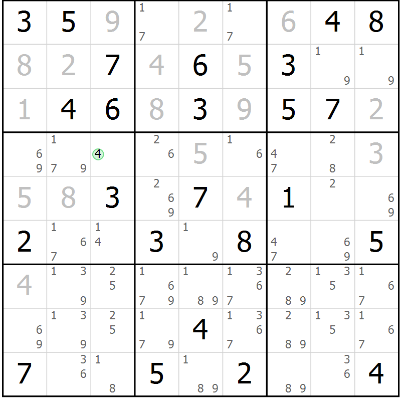 Position des candidats pour la solution de la Gr 74 page 77 du magazine de sudoku Maestro n° 104