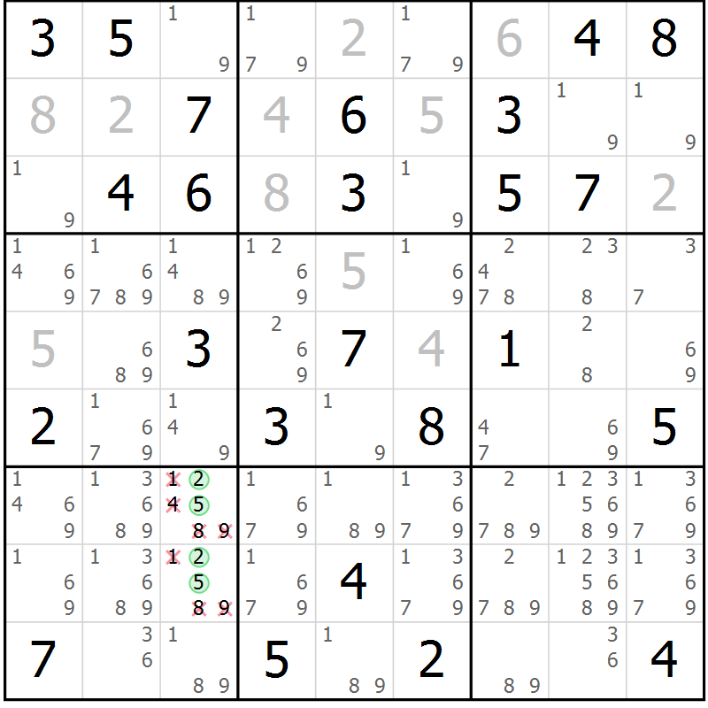 Position des candidats pour la solution de la Gr 74 page 77 du magazine de sudoku Maestro n° 104