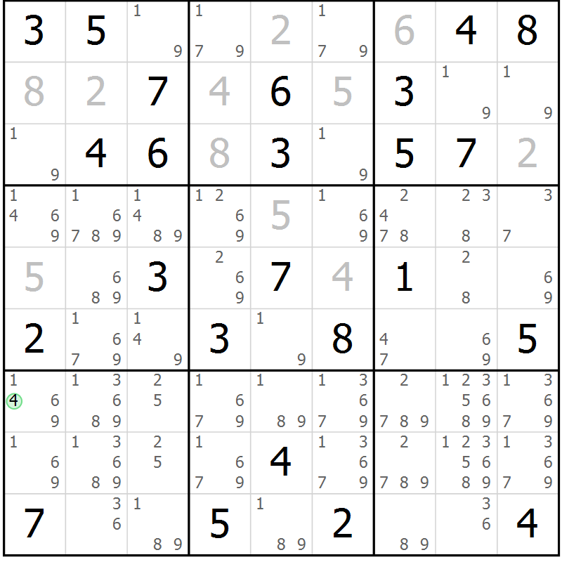 Position des candidats pour la solution de la Gr 74 page 77 du magazine de sudoku Maestro n° 104