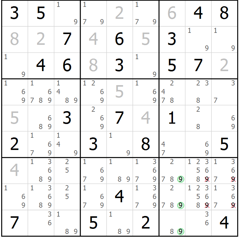Position des candidats pour la solution de la Gr 74 page 77 du magazine de sudoku Maestro n° 104