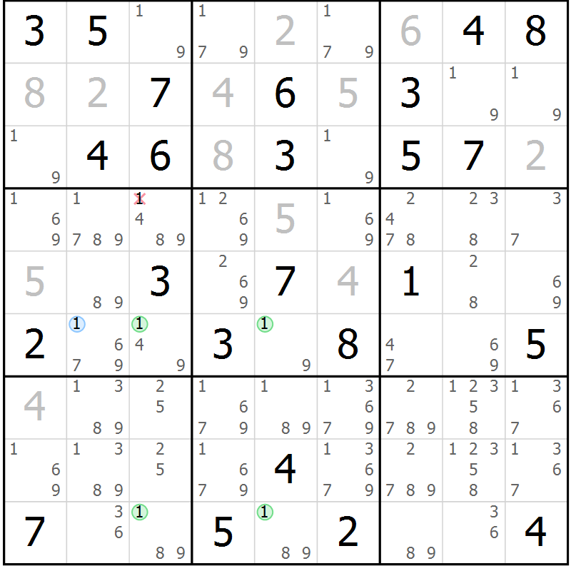 Position des candidats pour la solution de la Gr 74 page 77 du magazine de sudoku Maestro n° 104
