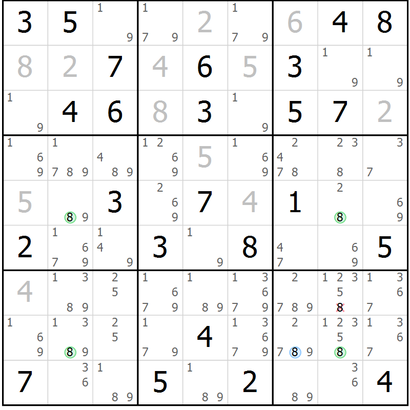 Position des candidats pour la solution de la Gr 74 page 77 du magazine de sudoku Maestro n° 104