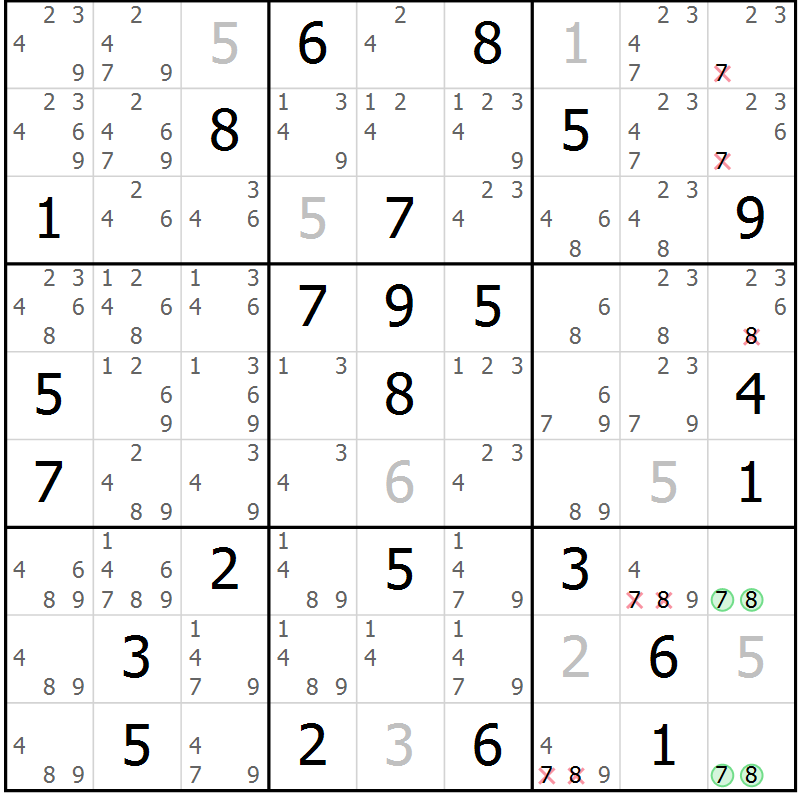 Position des candidats pour la solution de la Gr 75 page 78 du magazine de sudoku Maestro n° 104