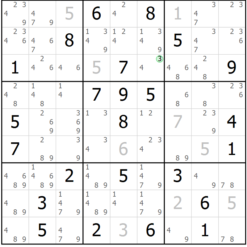 Position des candidats pour la solution de la Gr 75 page 78 du magazine de sudoku Maestro n° 104