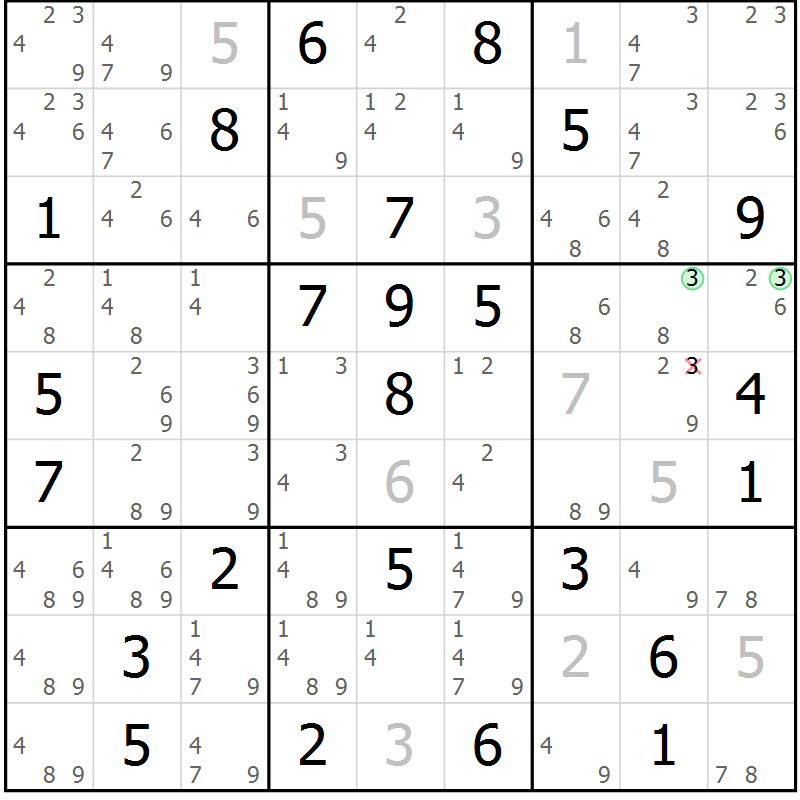 Position des candidats pour la solution de la Gr 75 page 78 du magazine de sudoku Maestro n° 104