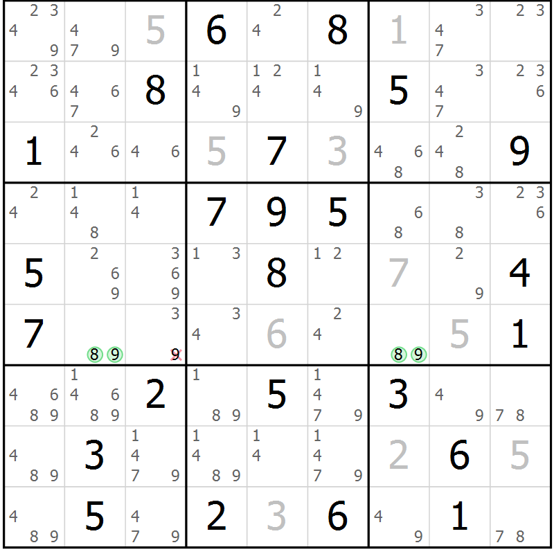 Position des candidats pour la solution de la Gr 75 page 78 du magazine de sudoku Maestro n° 104