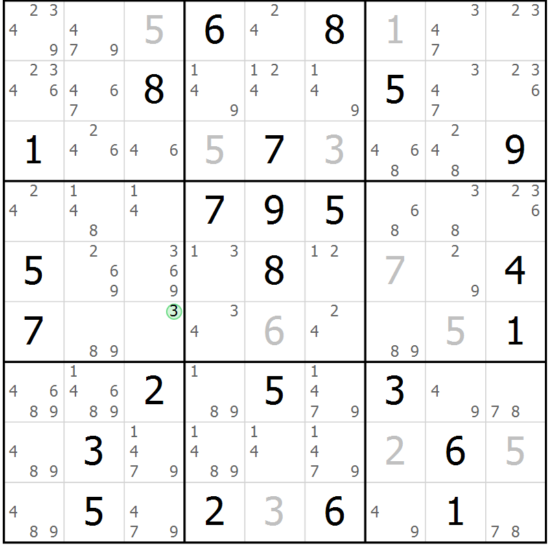 Position des candidats pour la solution de la Gr 75 page 78 du magazine de sudoku Maestro n° 104