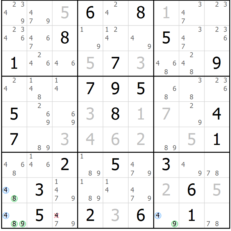 Position des candidats pour la solution de la Gr 75 page 78 du magazine de sudoku Maestro n° 104