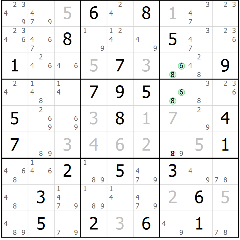 Position des candidats pour la solution de la Gr 75 page 78 du magazine de sudoku Maestro n° 104