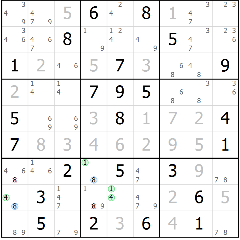 Position des candidats pour la solution de la Gr 75 page 78 du magazine de sudoku Maestro n° 104