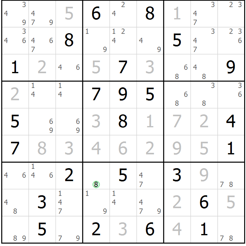 Position des candidats pour la solution de la Gr 75 page 78 du magazine de sudoku Maestro n° 104