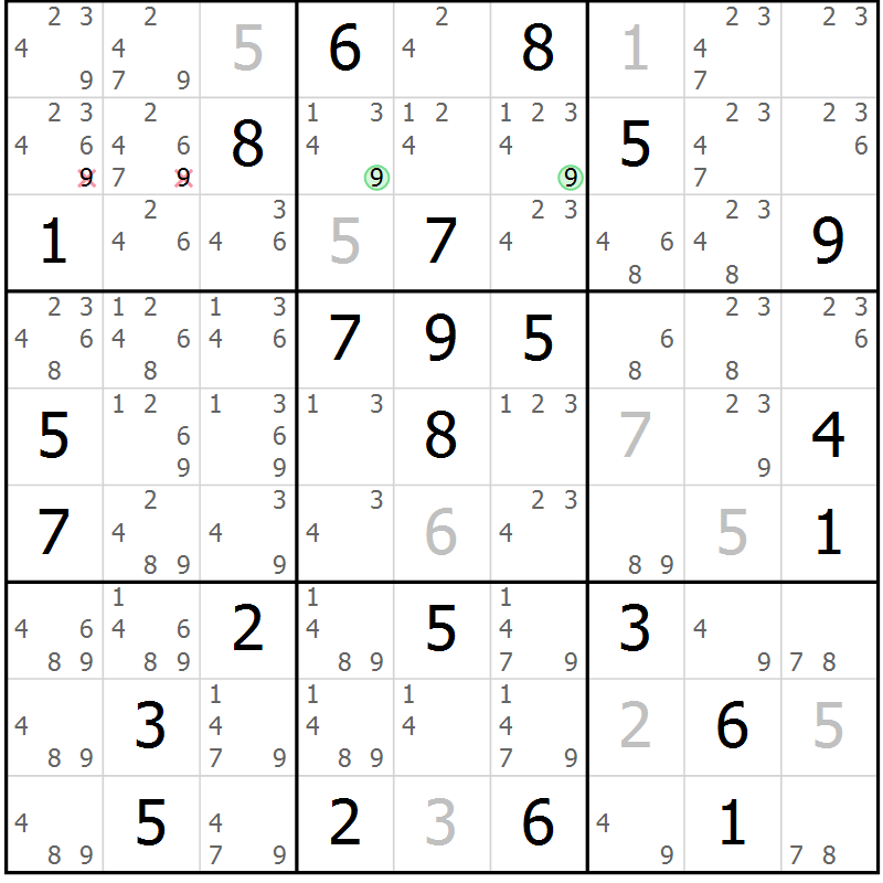 Position des candidats pour la solution de la Gr 75 page 78 du magazine de sudoku Maestro n° 104