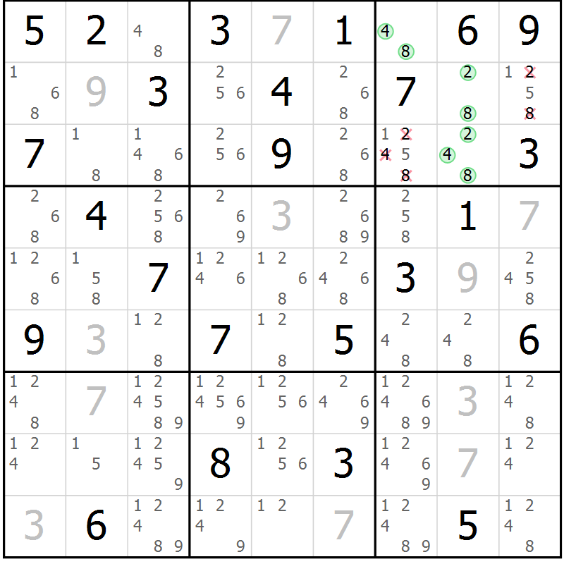 Position des candidats pour la solution de la Gr 76 page 79 du magazine de sudoku Maestro n° 104