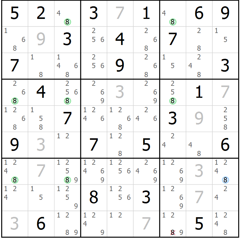 Position des candidats pour la solution de la Gr 76 page 79 du magazine de sudoku Maestro n° 104