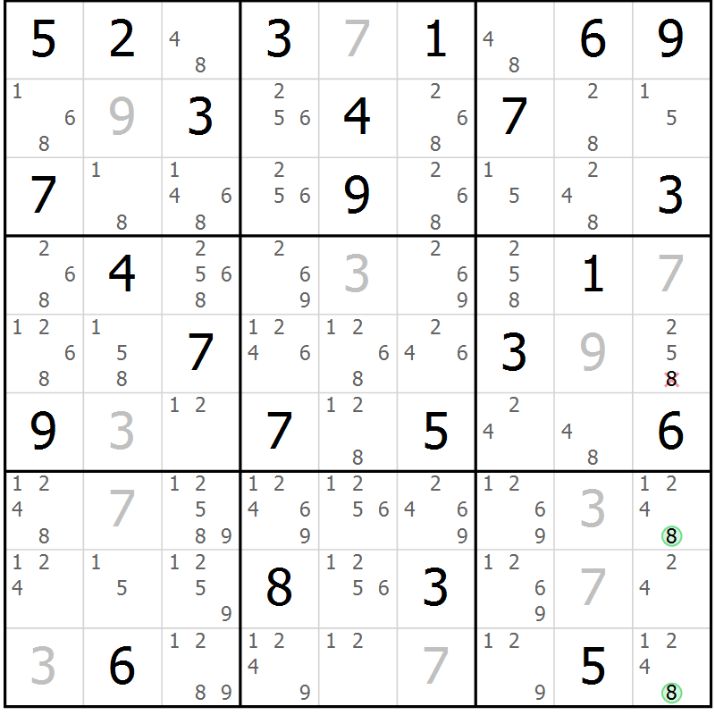 Position des candidats pour la solution de la Gr 76 page 79 du magazine de sudoku Maestro n° 104