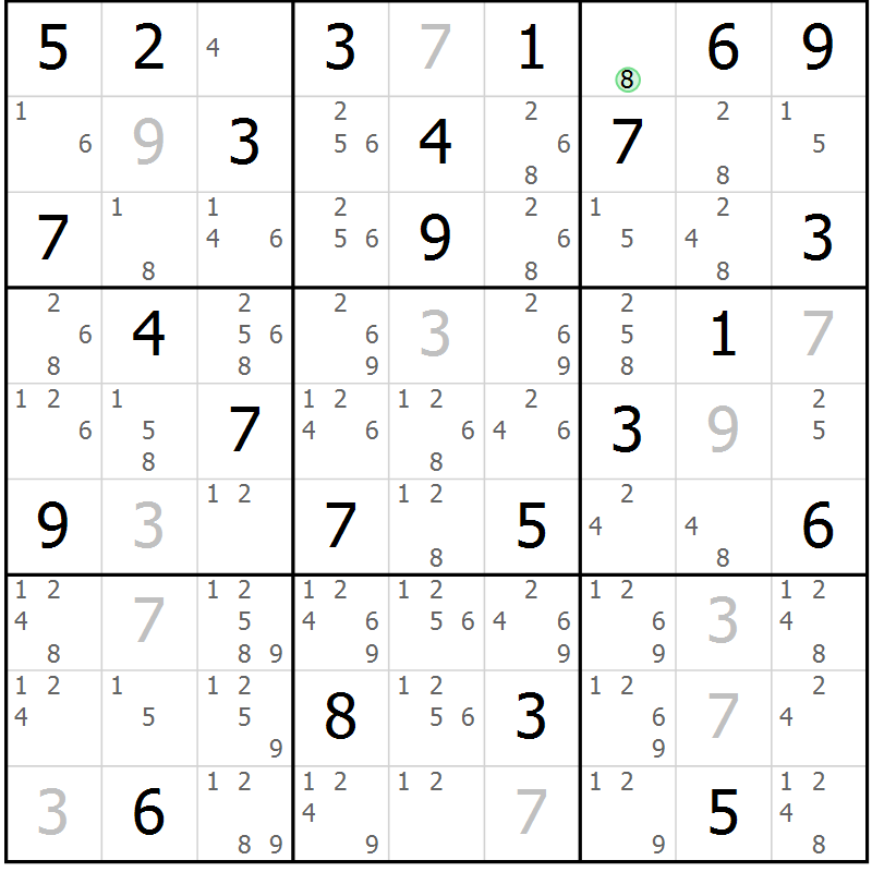Position des candidats pour la solution de la Gr 76 page 79 du magazine de sudoku Maestro n° 104