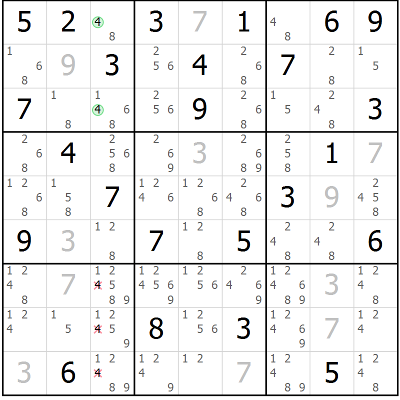 Position des candidats pour la solution de la Gr 76 page 79 du magazine de sudoku Maestro n° 104