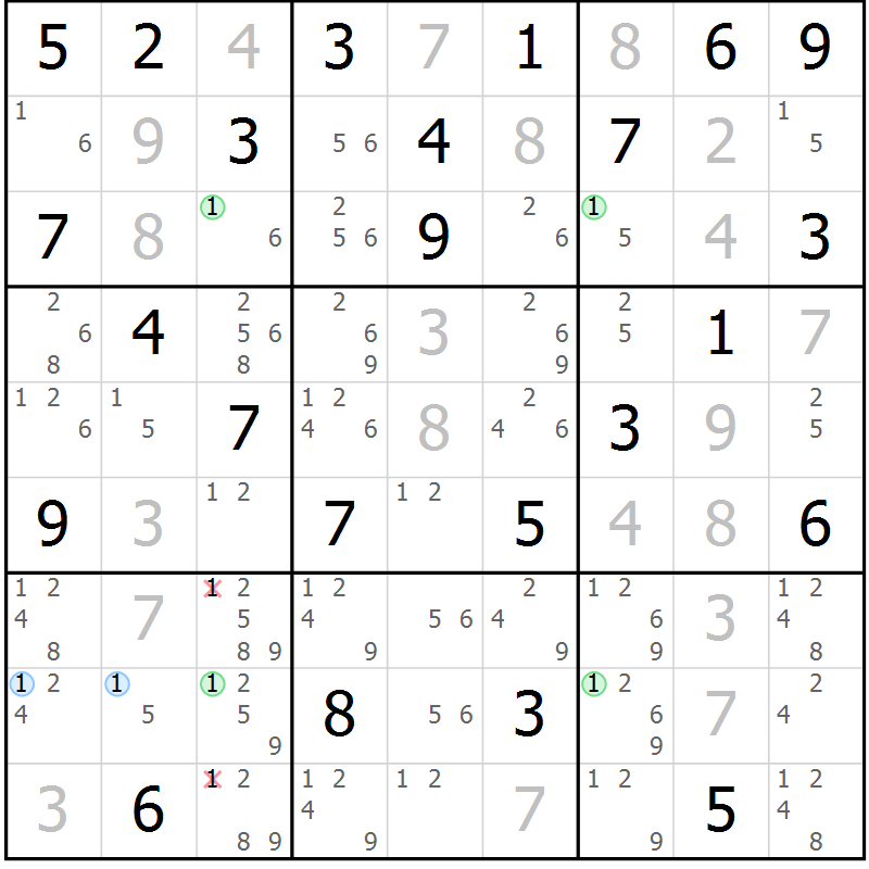 Position des candidats pour la solution de la Gr 76 page 79 du magazine de sudoku Maestro n° 104