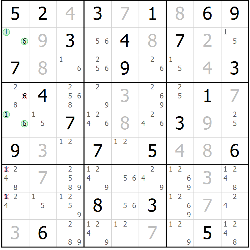 Position des candidats pour la solution de la Gr 76 page 79 du magazine de sudoku Maestro n° 104