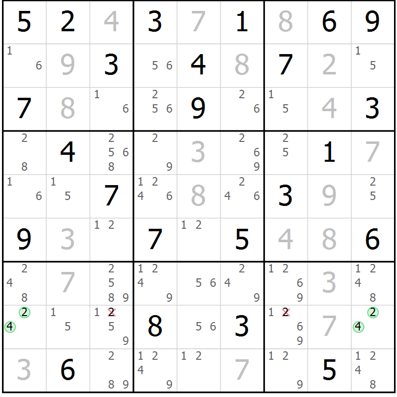 Position des candidats pour la solution de la Gr 76 page 79 du magazine de sudoku Maestro n° 104