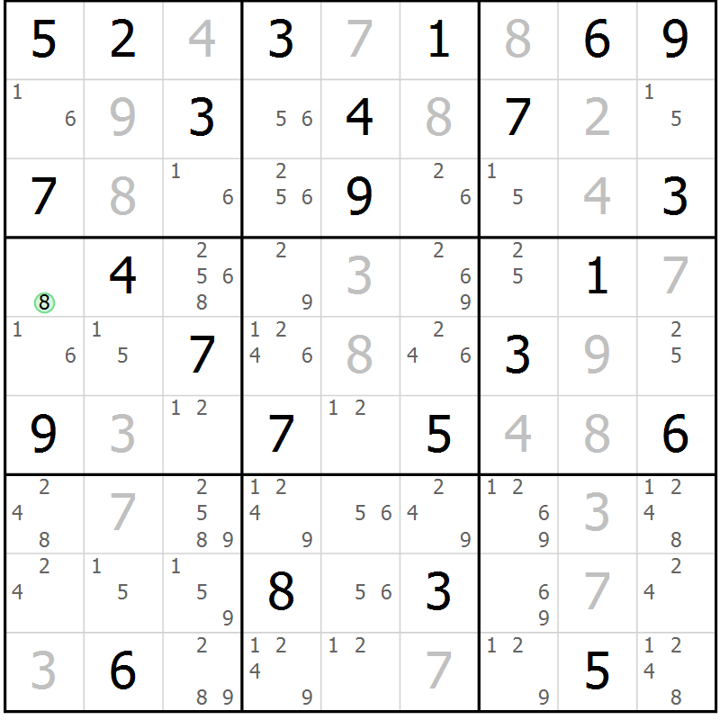 Position des candidats pour la solution de la Gr 76 page 79 du magazine de sudoku Maestro n° 104
