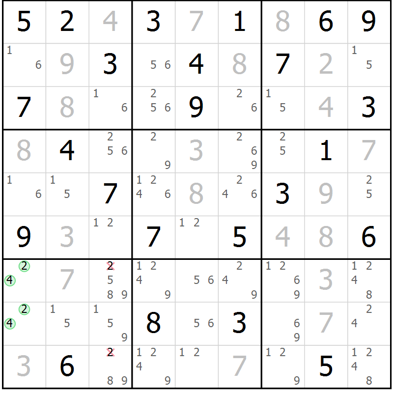 Position des candidats pour la solution de la Gr 76 page 79 du magazine de sudoku Maestro n° 104