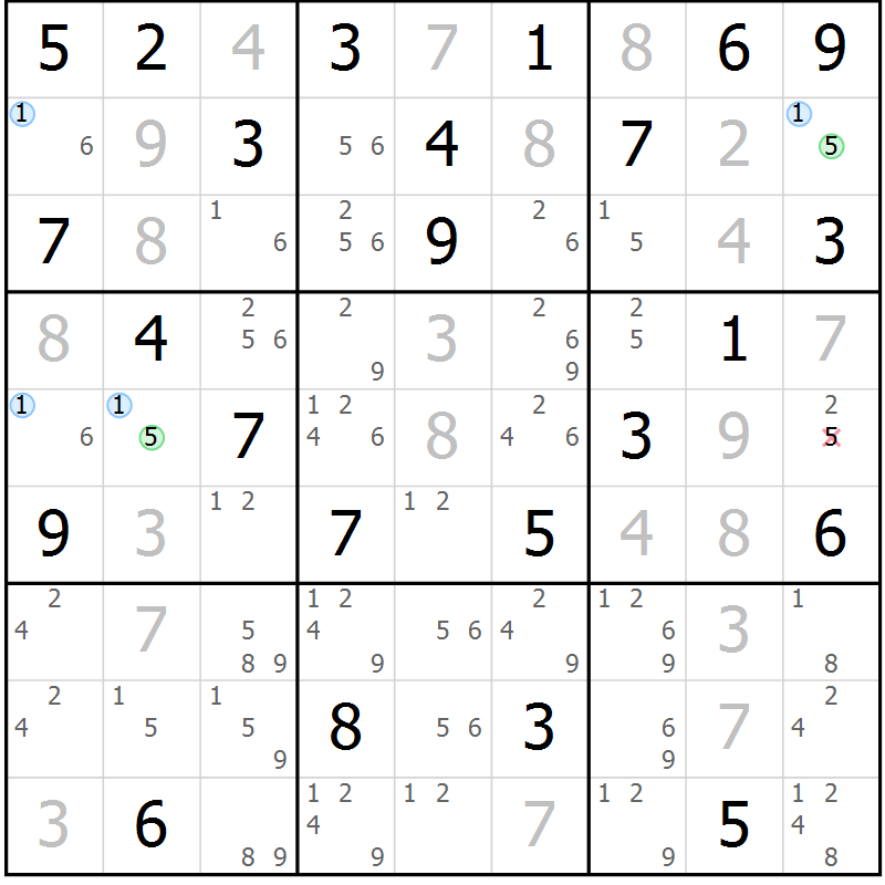 Position des candidats pour la solution de la Gr 76 page 79 du magazine de sudoku Maestro n° 104