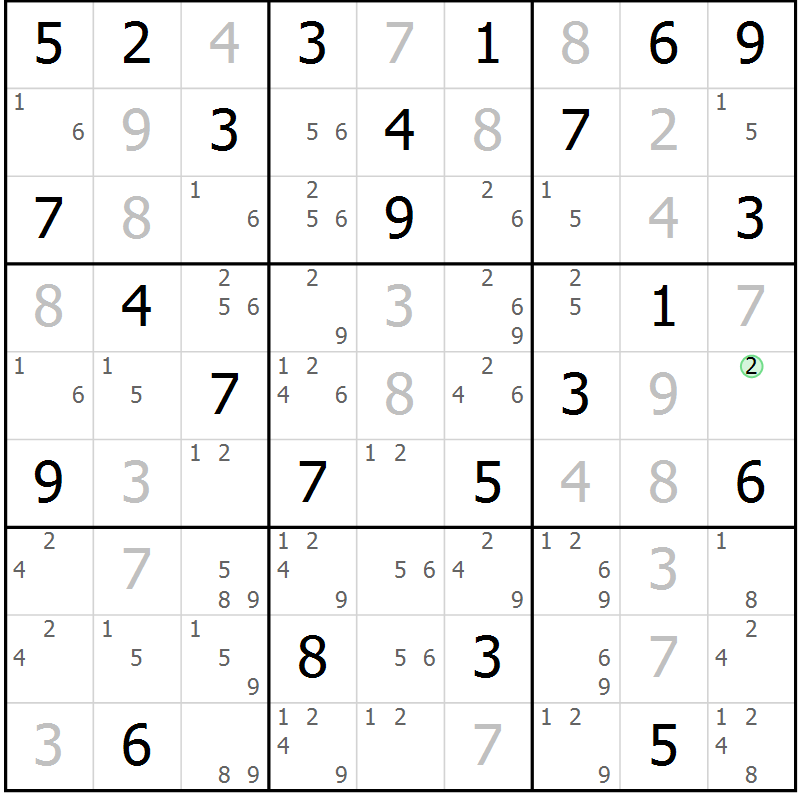 Position des candidats pour la solution de la Gr 76 page 79 du magazine de sudoku Maestro n° 104