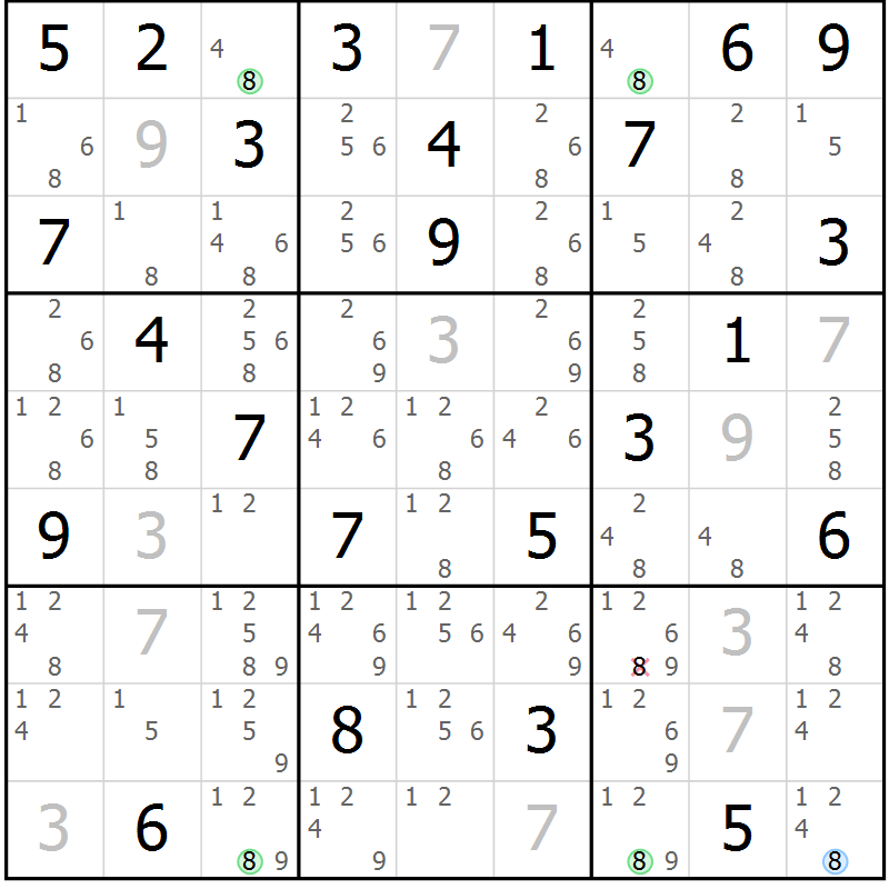 Position des candidats pour la solution de la Gr 76 page 79 du magazine de sudoku Maestro n° 104