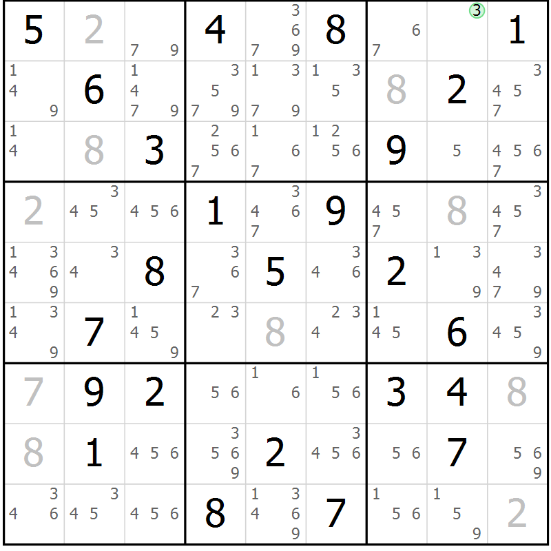 Position des candidats pour la solution de la Gr 77 page 80 du magazine de sudoku Maestro n° 104