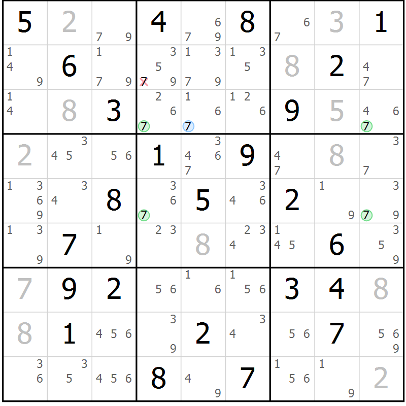Position des candidats pour la solution de la Gr 77 page 80 du magazine de sudoku Maestro n° 104