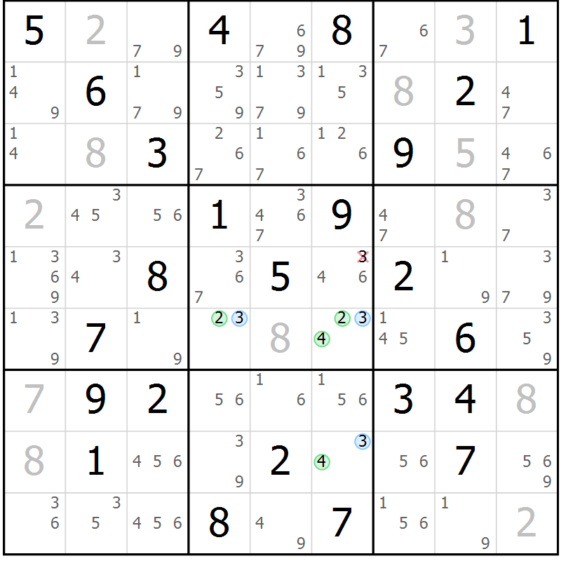 Position des candidats pour la solution de la Gr 77 page 80 du magazine de sudoku Maestro n° 104
