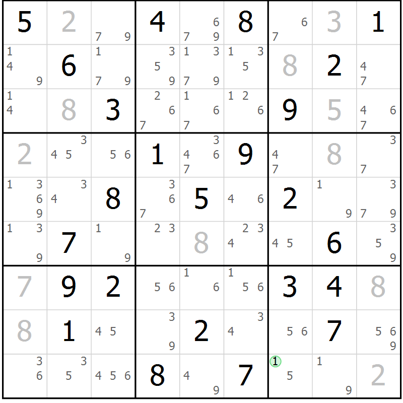Position des candidats pour la solution de la Gr 77 page 80 du magazine de sudoku Maestro n° 104