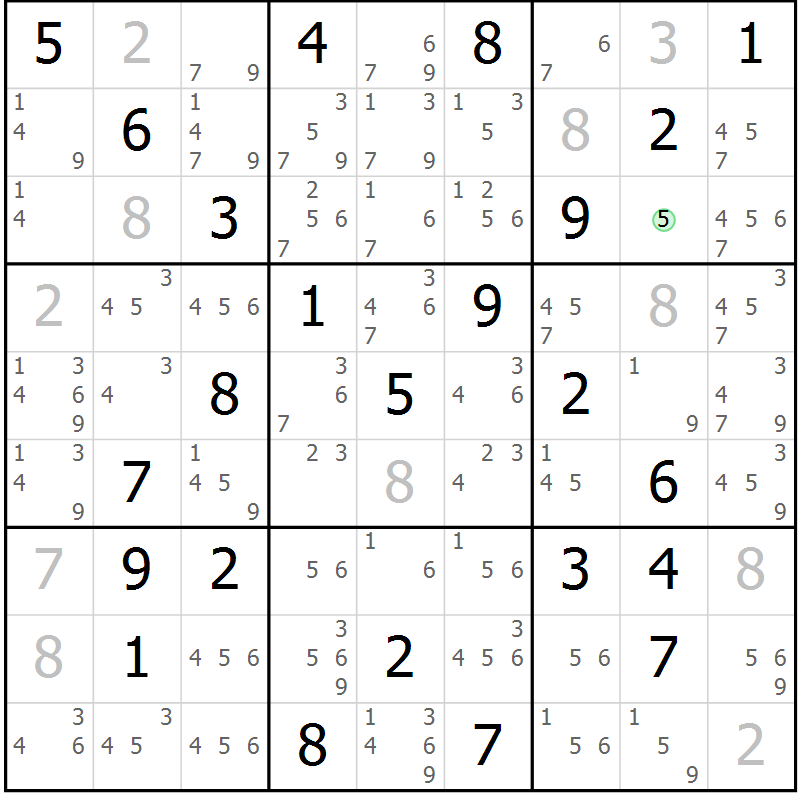 Position des candidats pour la solution de la Gr 77 page 80 du magazine de sudoku Maestro n° 104