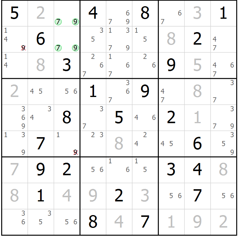 Position des candidats pour la solution de la Gr 77 page 80 du magazine de sudoku Maestro n° 104