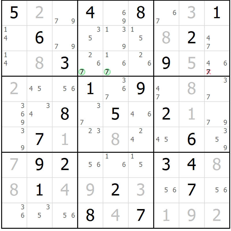 Position des candidats pour la solution de la Gr 77 page 80 du magazine de sudoku Maestro n° 104