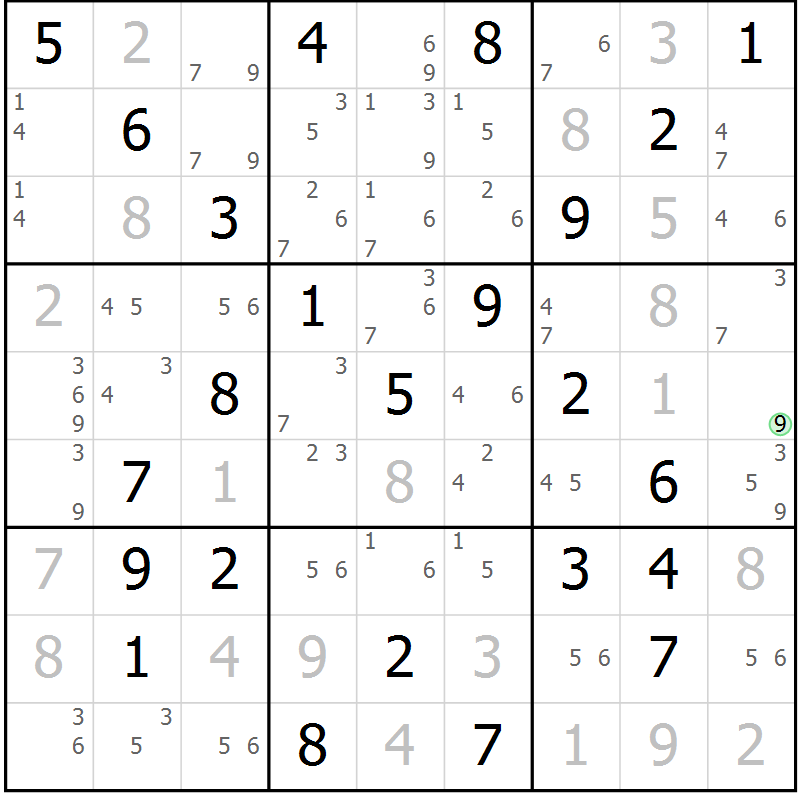 Position des candidats pour la solution de la Gr 77 page 80 du magazine de sudoku Maestro n° 104